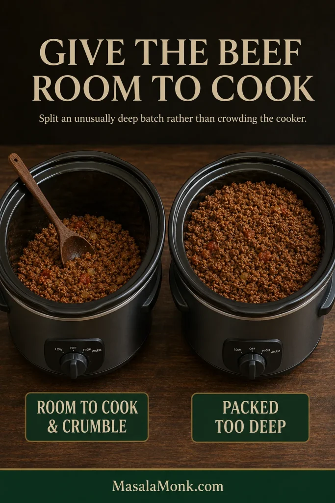 Two matching slow cookers compare a moderate layer of ground beef with exposed cooker sides against a much deeper, densely packed batch that is harder to stir and crumble.