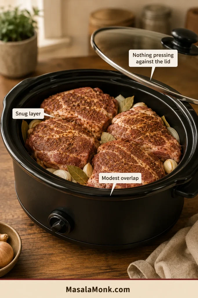 Seasoned pork shoulder pieces sit snugly over onion, garlic and bay leaves in an oval slow cooker with modest overlap and space beneath the lid.