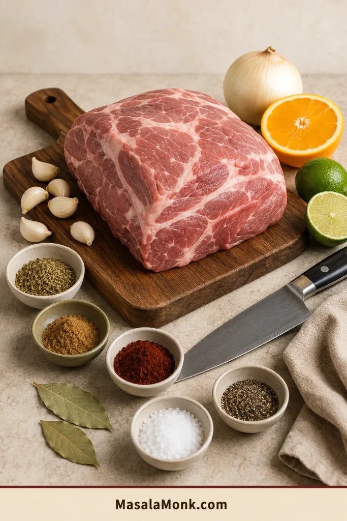 Raw boneless pork shoulder surrounded by orange, lime, onion, garlic, oregano, cumin, ancho chile, black pepper, salt and bay leaves.