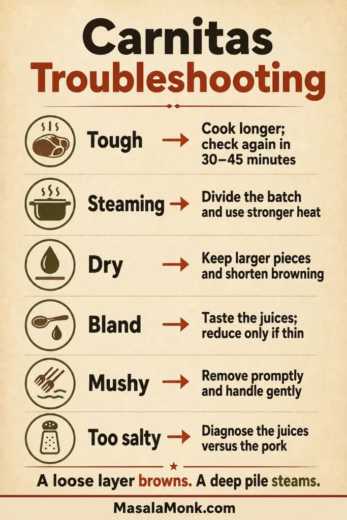 Troubleshooting infographic pairs tough, steaming, dry, bland, mushy and overly salty carnitas with different corrective actions.