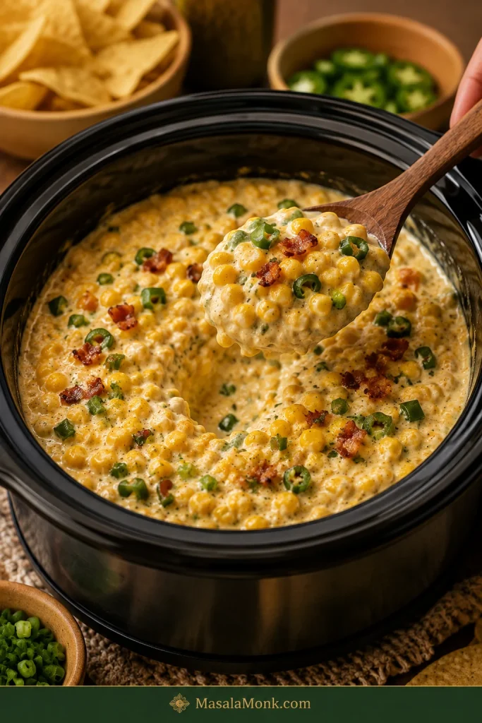 Open slow cooker containing creamy corn and jalapeño dip with visible stir marks, yellow kernels and green pepper pieces, without a browned crust.
