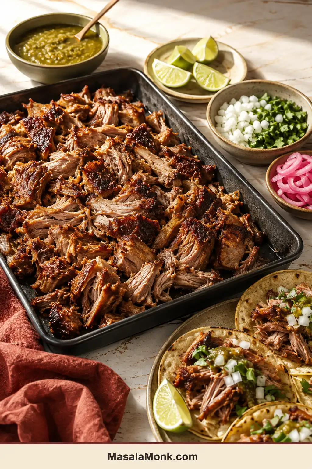 Tray of crisp-edged pork carnitas with corn tortillas, chopped white onion, cilantro, lime wedges, salsa verde and several loosely filled tacos.