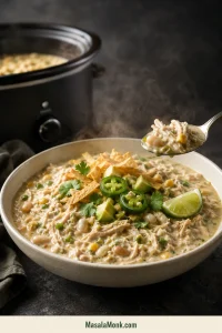 Bowl of creamy white chicken chili with shredded chicken, white beans, green chiles, corn and fresh garnishes beside the slow cooker.