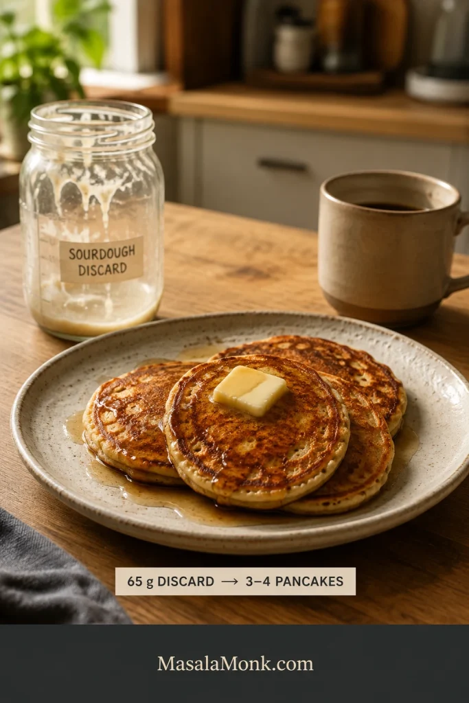 Small breakfast plate with three to four golden sourdough discard pancakes beside a nearly empty discard jar and a mug.
