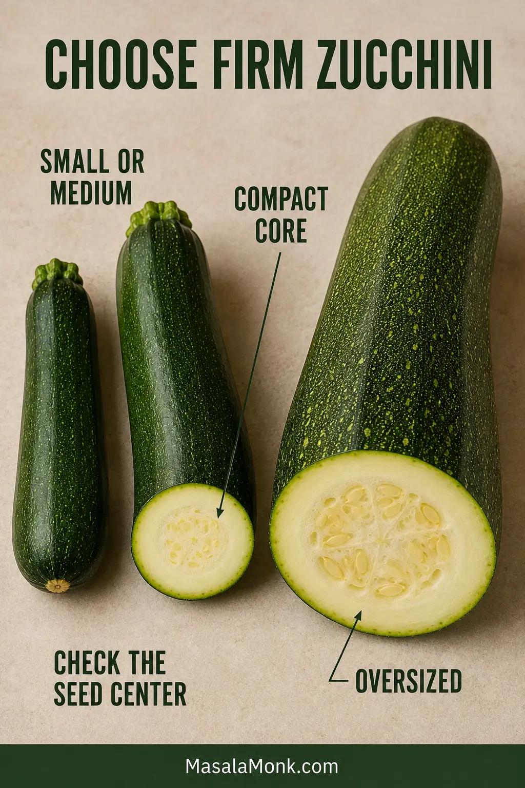 Small, medium and oversized zucchini displayed side by side, with compact seed cores in the smaller vegetables and a broad, loose center in the largest.