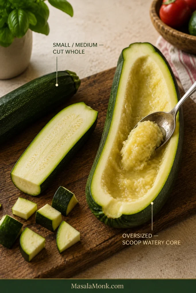 Small zucchini with compact flesh beside an oversized zucchini split lengthwise while a spoon removes its loose watery seed core.