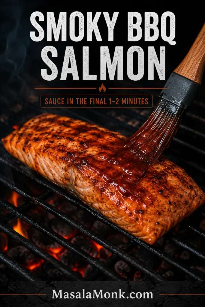 Dark barbecue sauce being brushed over the top of a nearly cooked salmon fillet on a charcoal grill with glowing embers below.