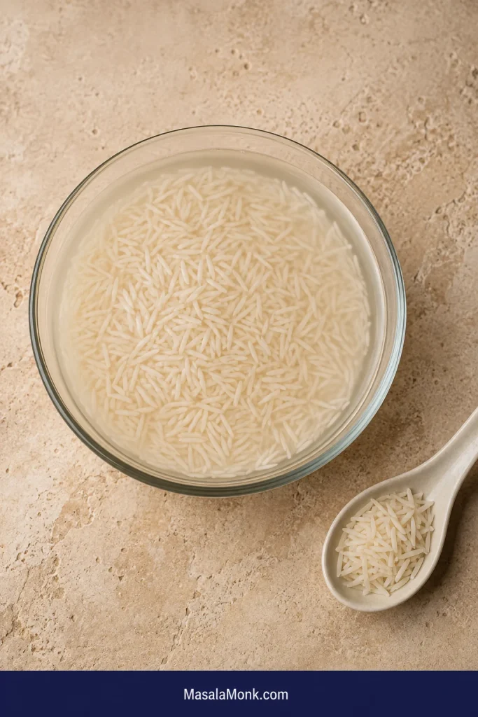 Long aged basmati soaking in lightly cloudy water, with a spoonful of hydrated but still raw grains beside the bowl.