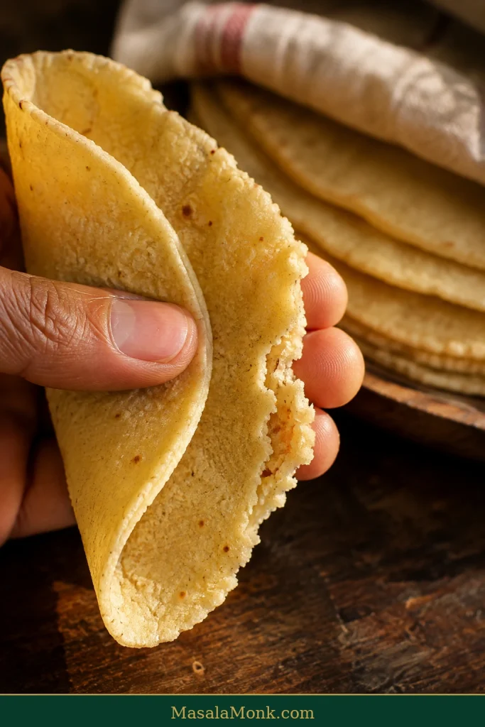 Hand folding a warm corn tortilla with a torn edge revealing a tender, evenly cooked interior and a covered tortilla stack behind it.