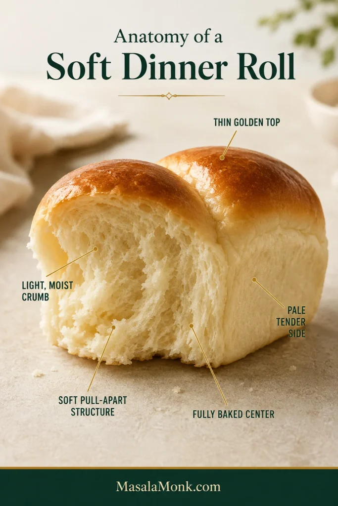 Torn dinner roll annotated to show its thin golden top, pale side, moist crumb, pull-apart structure and fully baked center.