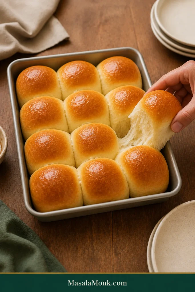 A hand pulling one golden dinner roll from a shared pan, exposing the pale tender side where it touched another roll.