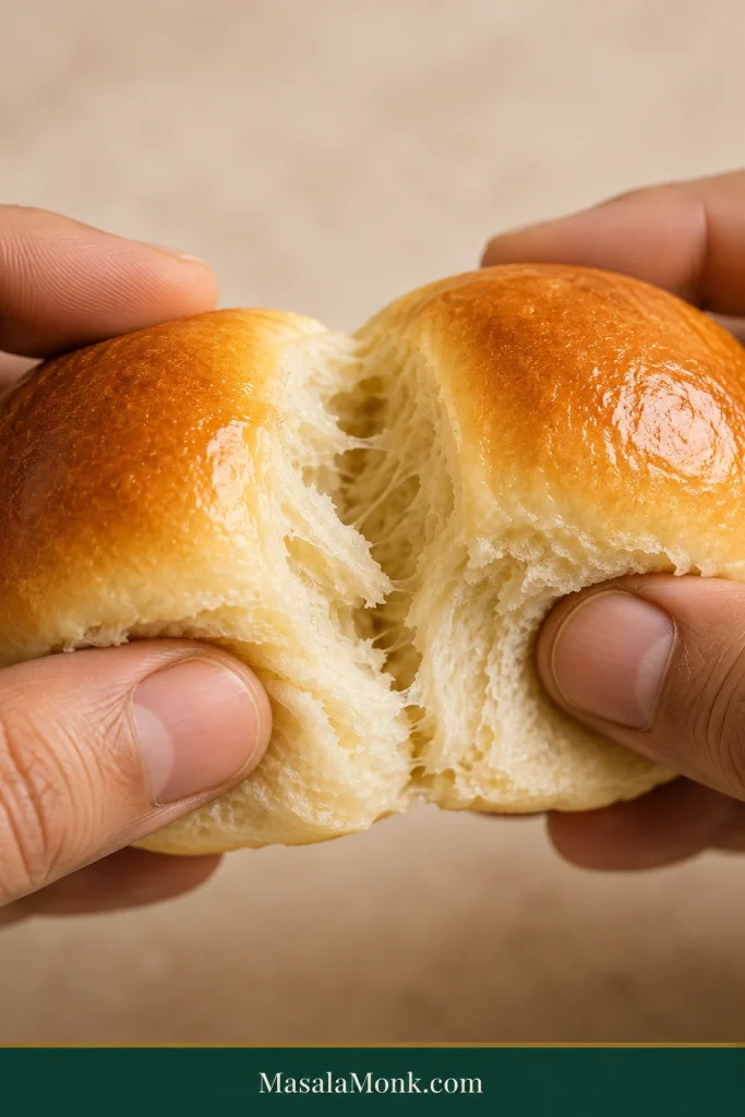 Hands pulling apart two golden dinner rolls to reveal a pale, fluffy crumb with delicate strands between them.