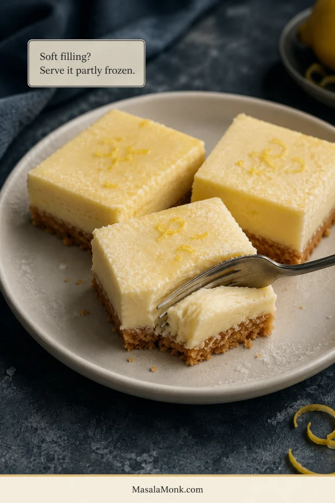 Very cold lemon bars with firm creamy centres and golden crumb crusts sit on a dark plate as a fork removes a bite.