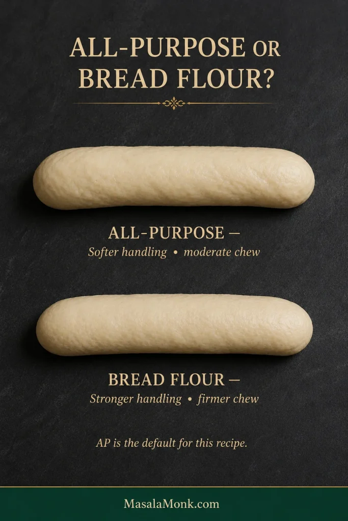 Two pretzel dough portions comparing the slightly softer appearance of all-purpose flour dough with the somewhat more taut appearance of bread-flour dough.