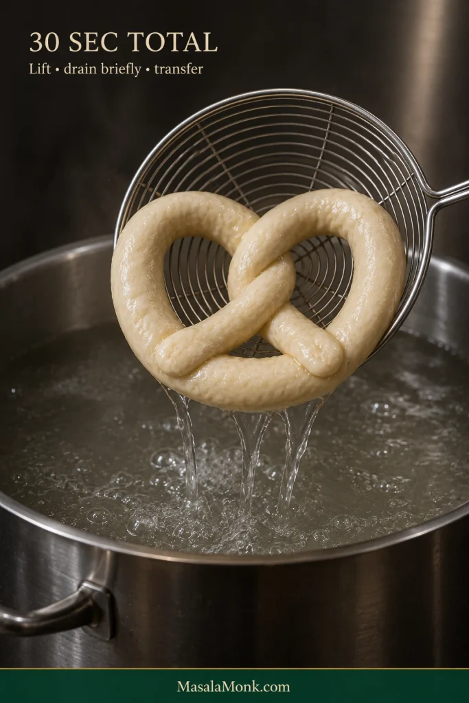 A pale soft pretzel being lifted from a baking-soda bath and allowed to drain, with a damp, slightly swollen surface.