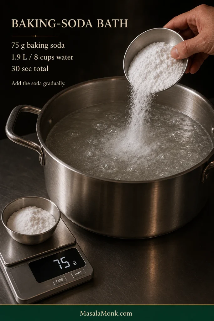 Baking soda being added gradually to a wide stainless-steel pot of hot water, with a digital scale displaying 75 grams.