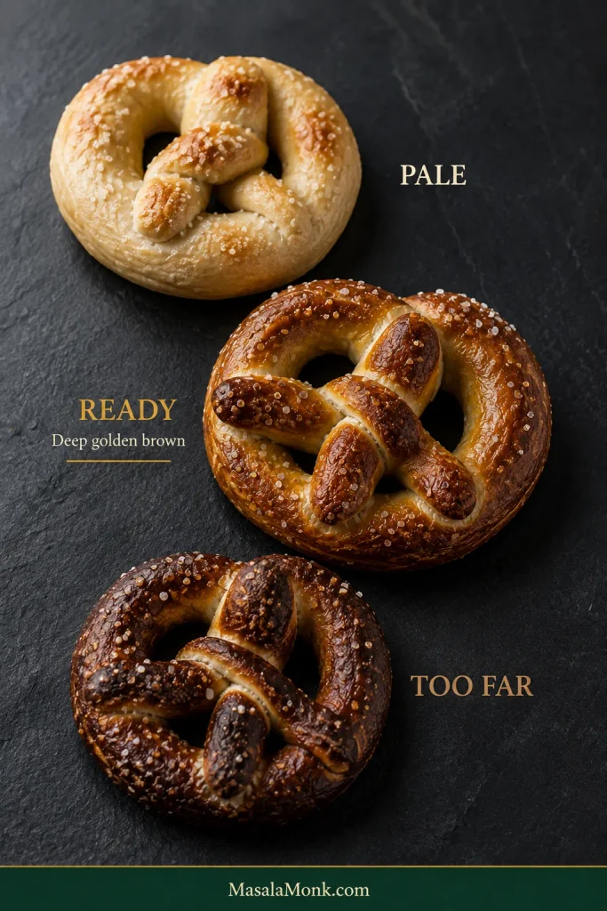 Three baked soft pretzels comparing pale, properly browned and overly dark crust stages.