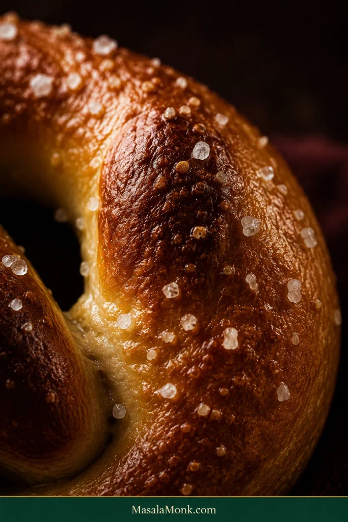 Extreme close-up of a soft pretzel crust with deep golden browning, darker raised areas, coarse salt and small natural surface blisters.