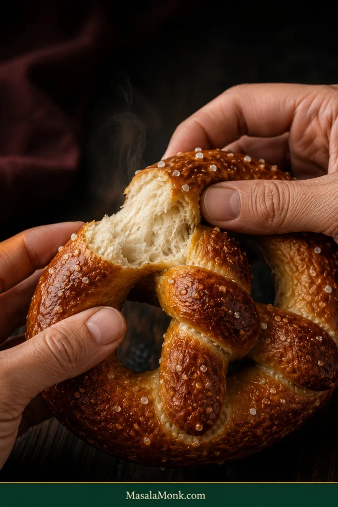 Torn soft pretzel showing a fine-to-moderately-fine, tender interior crumb beneath a deep golden-brown salted crust.