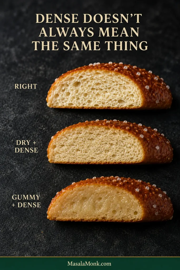 Three soft pretzel cross-sections labeled right, dry and dense, and gummy and dense, showing tender, dry compact and damp compressed crumbs.