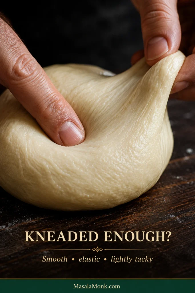 Fully kneaded pretzel dough with a smooth, elastic surface being pressed to demonstrate its soft, lightly tacky texture.
