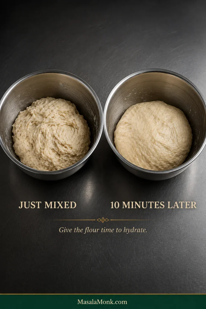 Pretzel dough immediately after mixing and after a 10-minute rest, with the rested dough looking calmer, more hydrated and less shaggy.