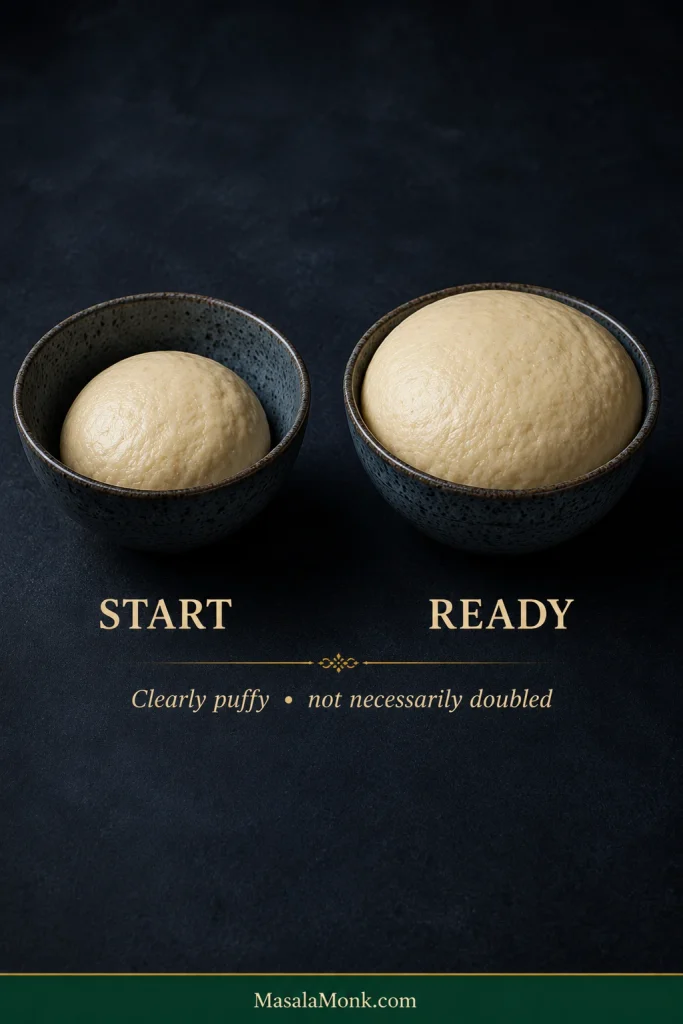 Pretzel dough at the beginning and end of its rise, with the ready dough visibly expanded and puffier throughout the bowl.