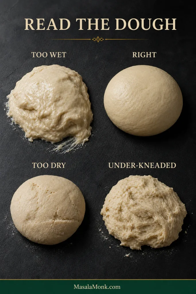 Four pretzel dough states labeled too wet, right, too dry and under-kneaded, showing smearing, smooth elastic, stiff and rough undeveloped dough.