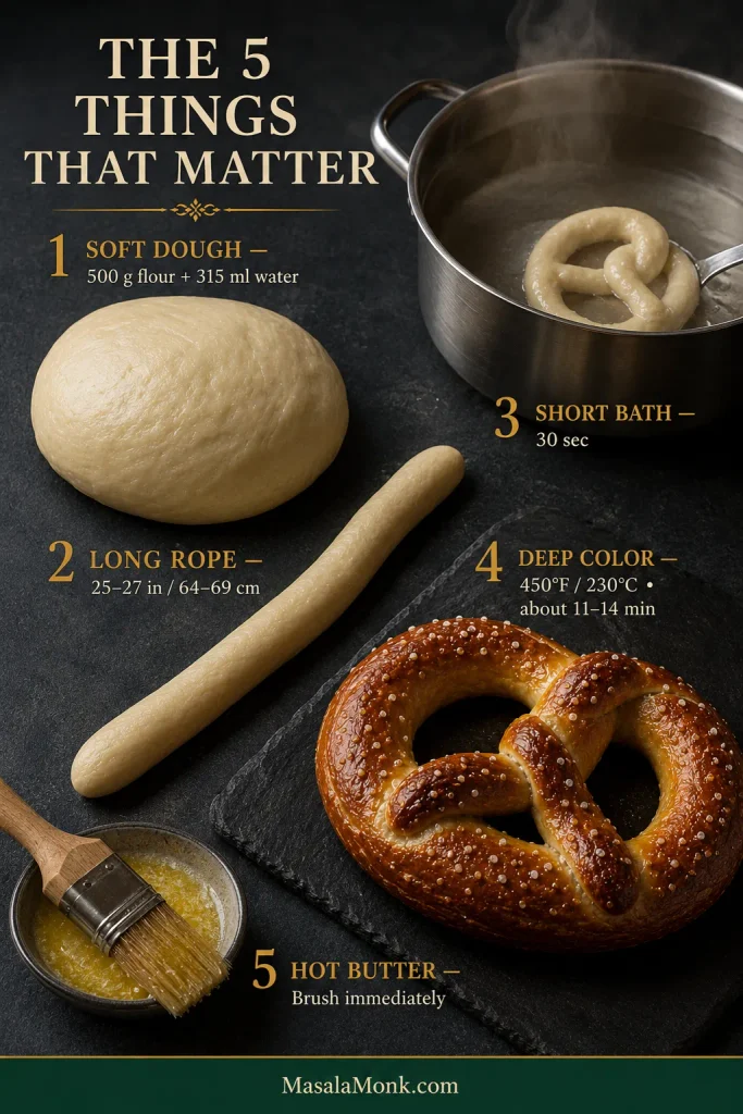 Soft pretzel guide showing five checkpoints: soft dough, a long rope, a short baking-soda bath, deep browning and butter added while hot.