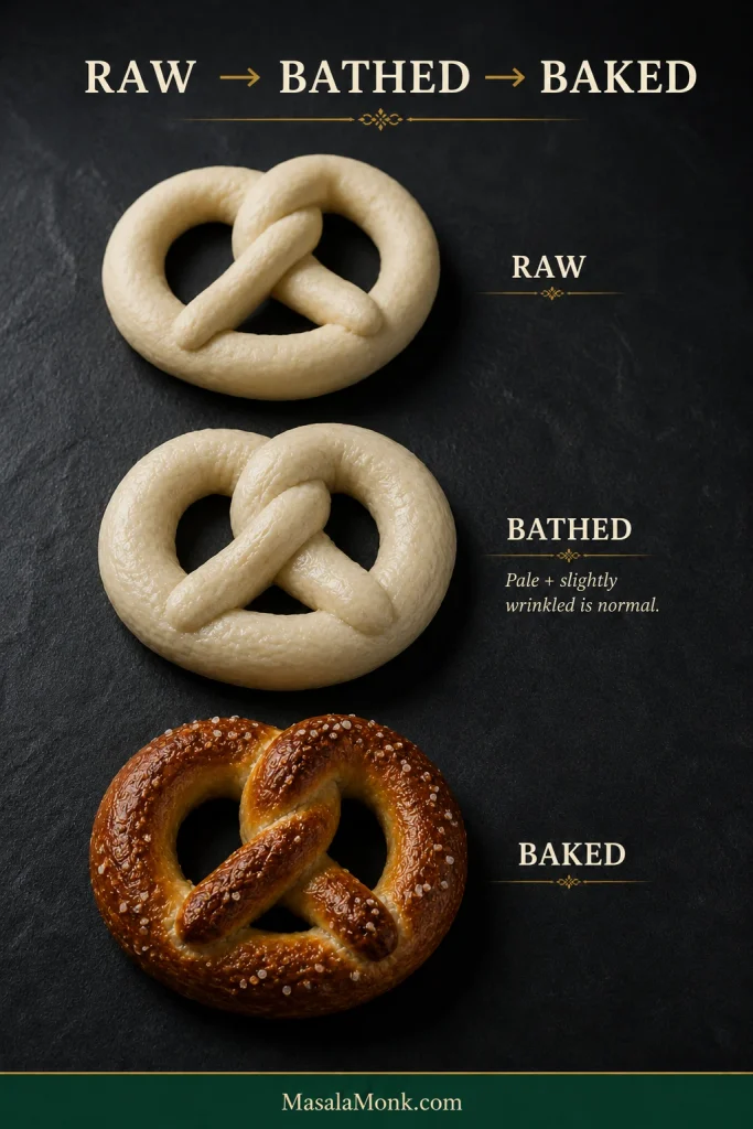 Three pretzels showing the progression from pale raw dough to a pale, damp, slightly swollen bathed pretzel and a deep golden-brown baked pretzel.