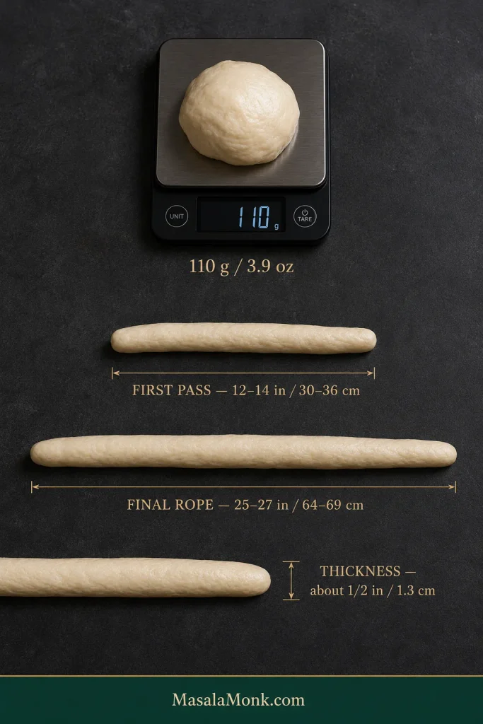 A pretzel dough portion weighing about 110 grams beside a long, evenly rolled rope illustrating the amount of dough used for one pretzel.