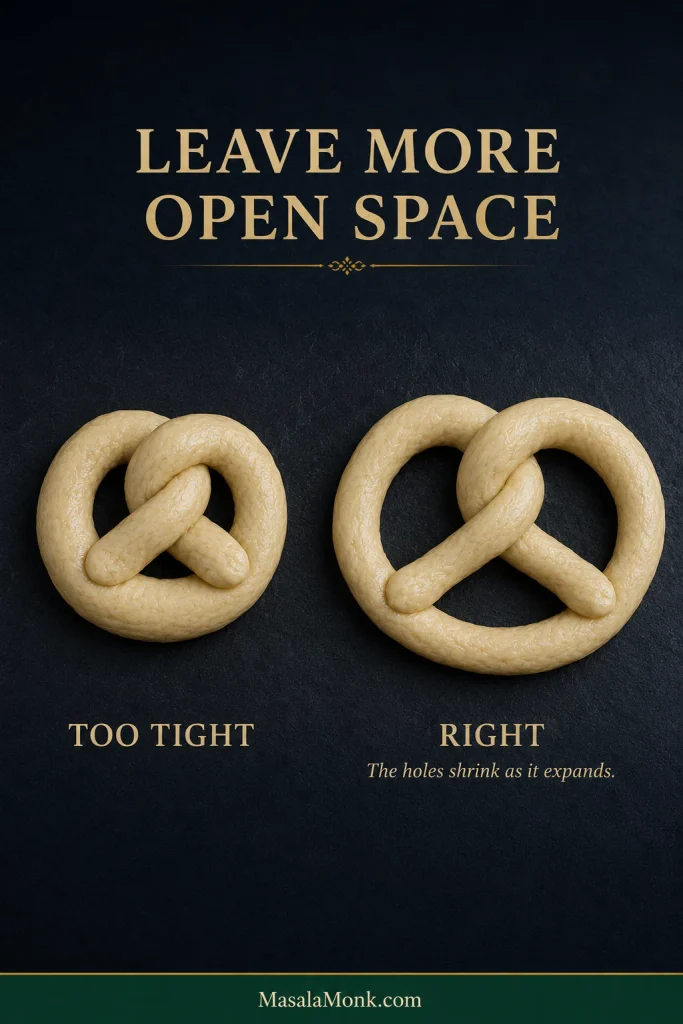 Two raw pretzels comparing a compact shape with small openings to a correctly shaped pretzel with broad open spaces.