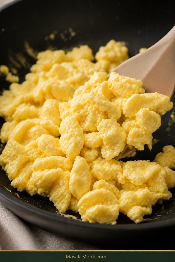 Soft scrambled egg curds in a dark skillet, just set and slightly glossy, being lifted from the pan before any browning develops.