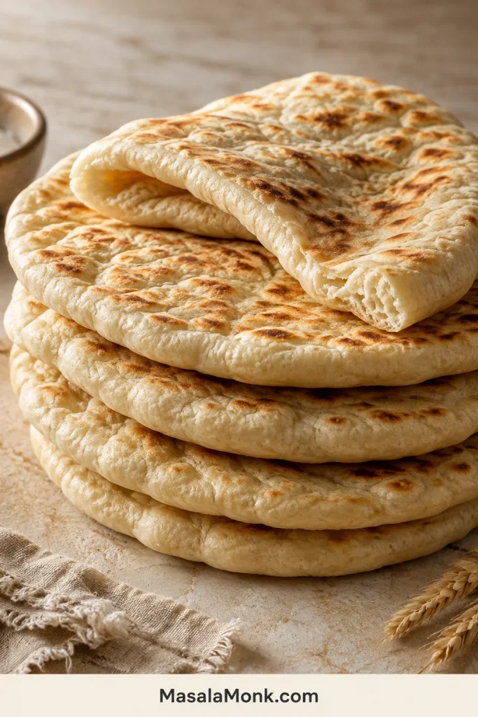 Stack of soft thick Greek pitas with mottled brown spots, including one draped over the stack to show flexibility and thickness.