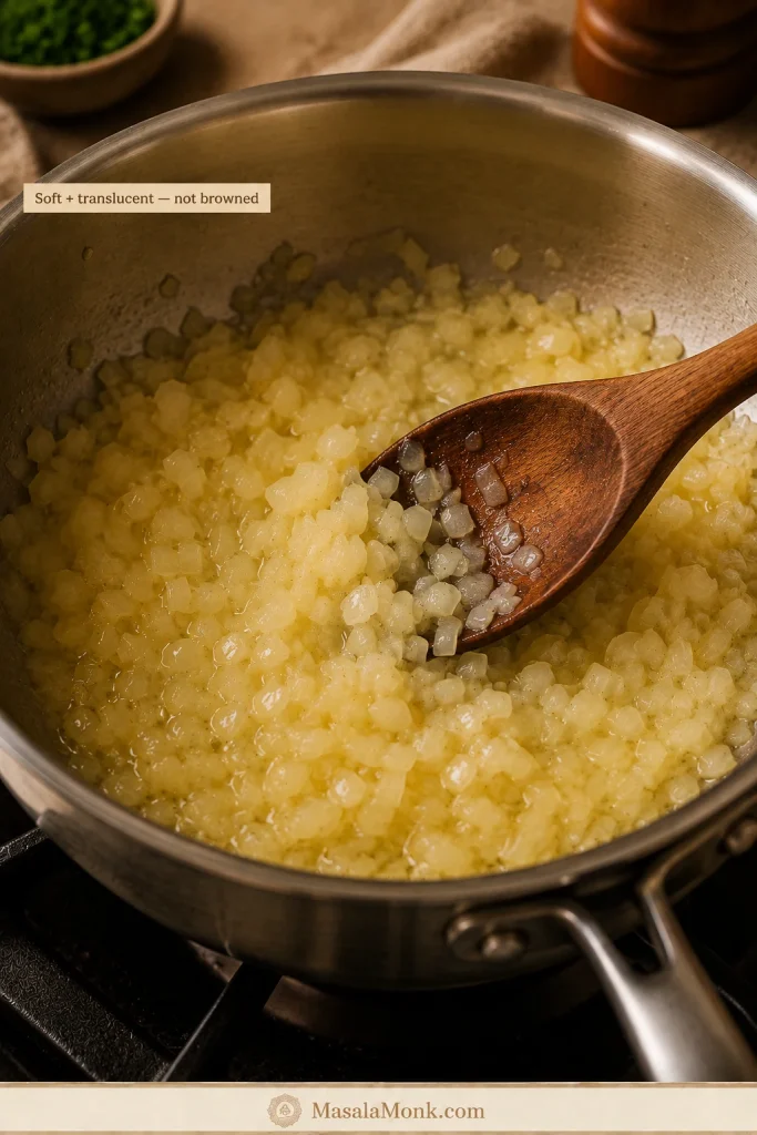 Finely diced yellow onion softened in butter until glossy and translucent but not browned.