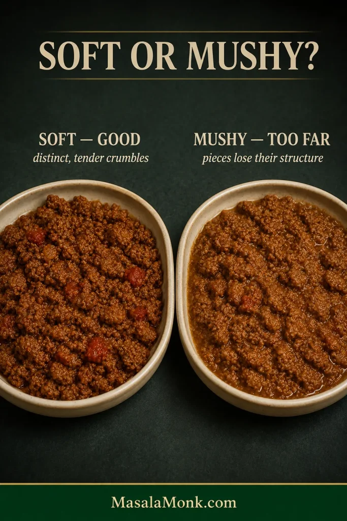 Two samples compare soft taco meat with distinct tender crumbles against mushier taco meat whose wet pieces are beginning to lose their individual shape.