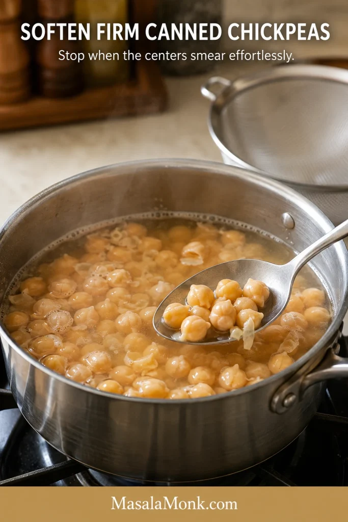Plump canned chickpeas simmering in fresh water with loosened skins and steam rising from a saucepan.