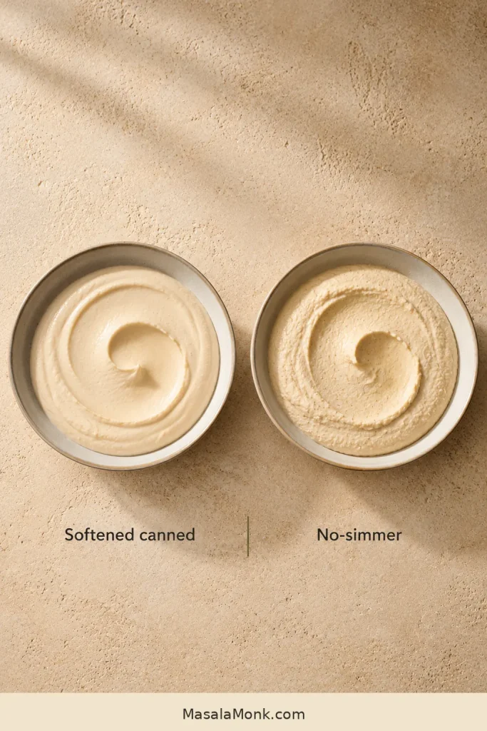 Illustrated visual guide comparing smoother softened-canned hummus with slightly denser no-simmer hummus.