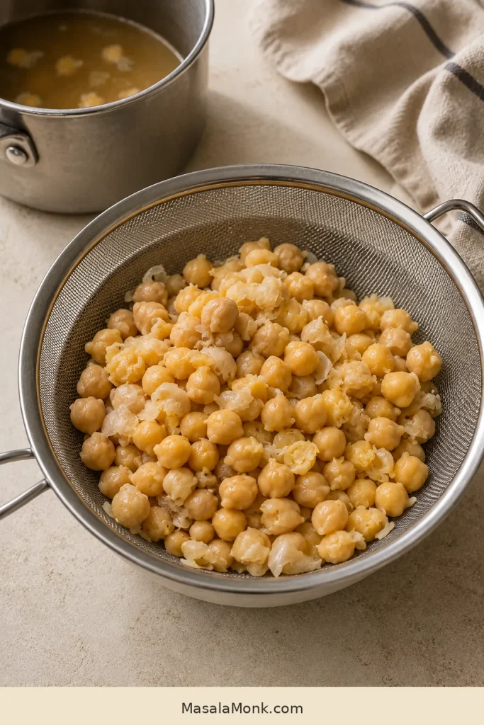 Tender split chickpeas with loose translucent skins draining in a fine-mesh sieve.