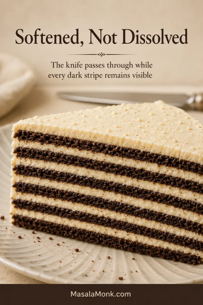 Close-up of a chocolate wafer icebox cake slice with thin dark cookie stripes separated by pale cream layers.