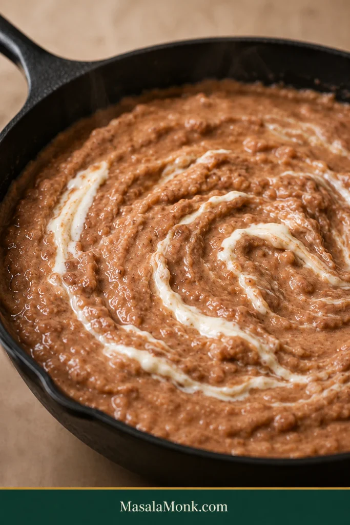 Small ribbons of white sour cream being folded into warm mashed refried beans in a black skillet.