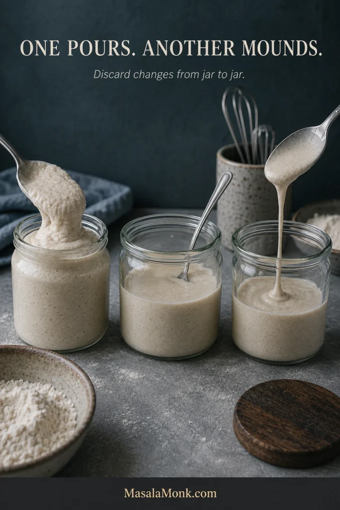 Several portions of sourdough discard showing visibly different consistencies, from thick and mounded to looser and more pourable.