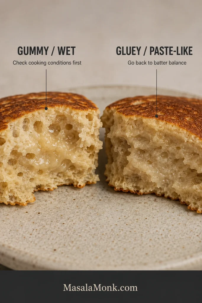 Three bowls show pancake batter made with thin, typical, and thick sourdough discard, with guidance to use little or no reserved milk, check the ribbon, or add milk gradually up to 30 milliliters.