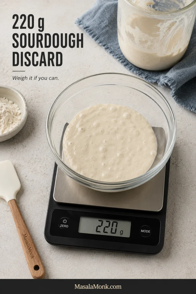 Glass bowl of sourdough discard on a digital kitchen scale reading 220 grams.