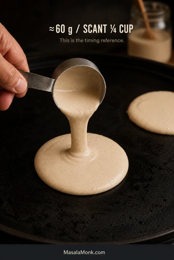 A scant quarter-cup measure portions about 60 grams of sourdough pancake batter onto a dark griddle.