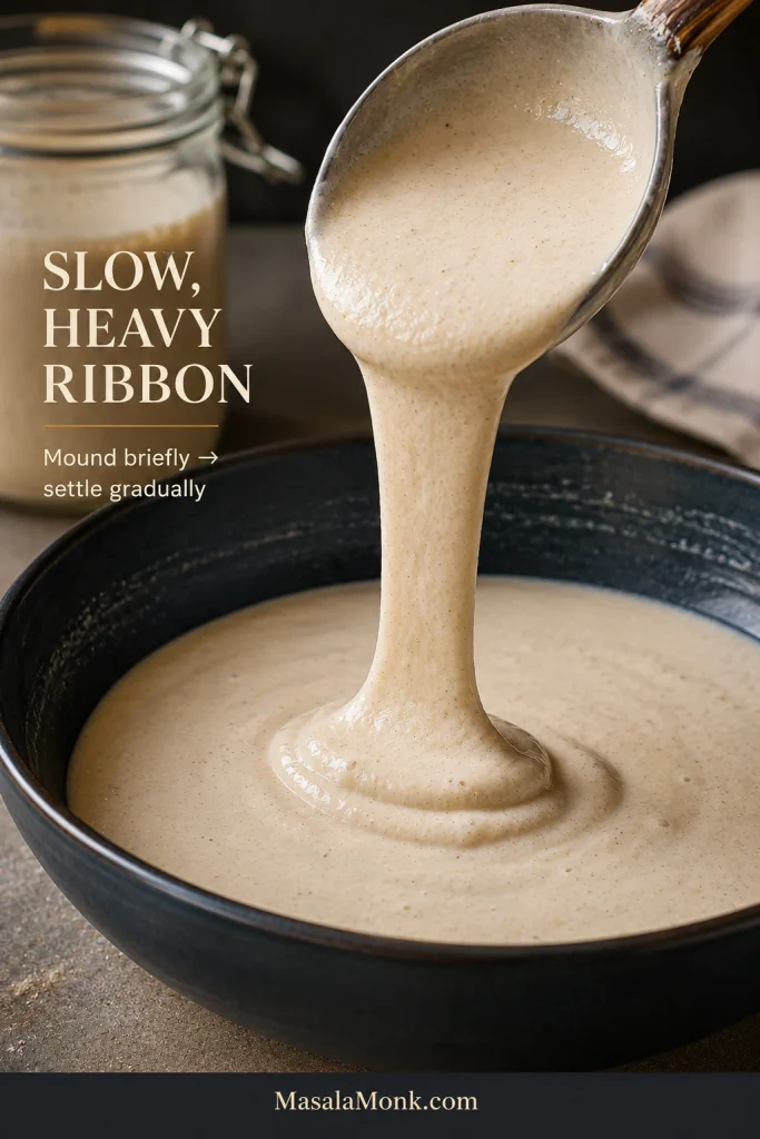 Thick sourdough pancake batter falling from a spoon in a slow ribbon and forming a low mound that begins settling back into the bowl.