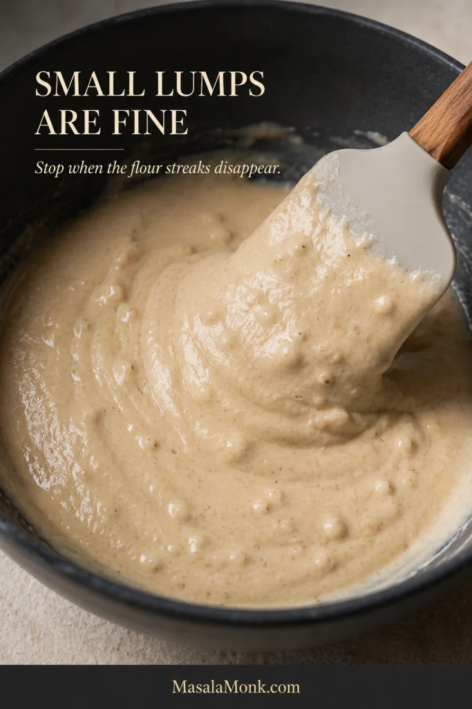 Close-up of pale sourdough pancake batter with small soft lumps and no visible pockets of dry flour.