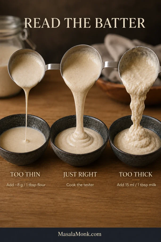 Three bowls compare sourdough pancake batter that is too thin, just right, and too thick; the guide suggests about 8 grams flour for thin batter and 15 milliliters milk for thick batter.