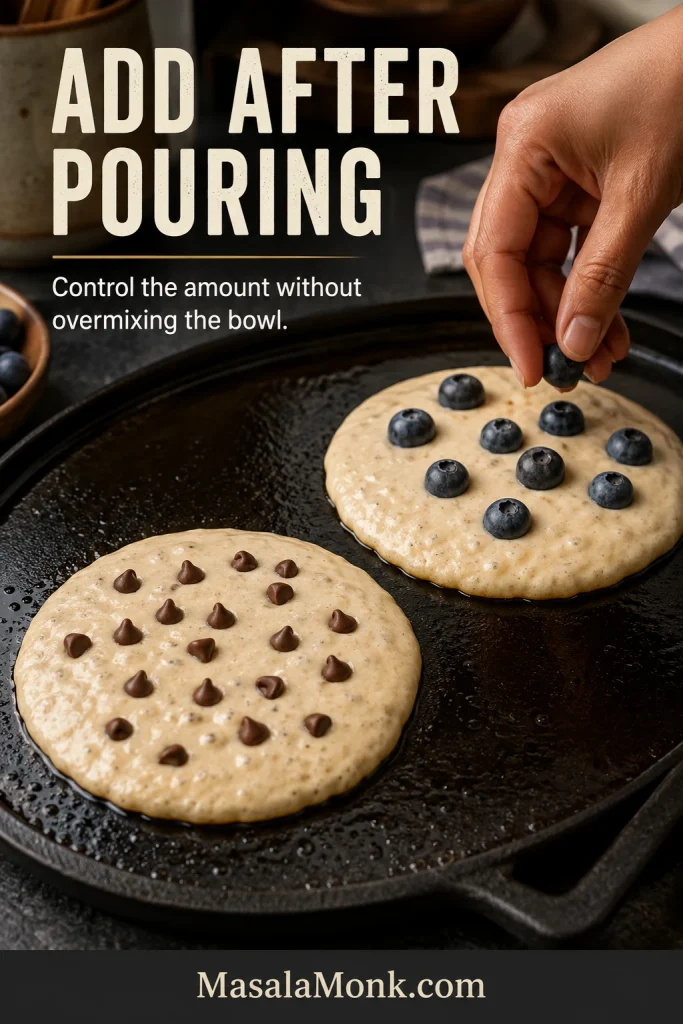 Two wet pancakes on a griddle, one topped with blueberries by hand and the other dotted with chocolate chips after the batter has been poured.