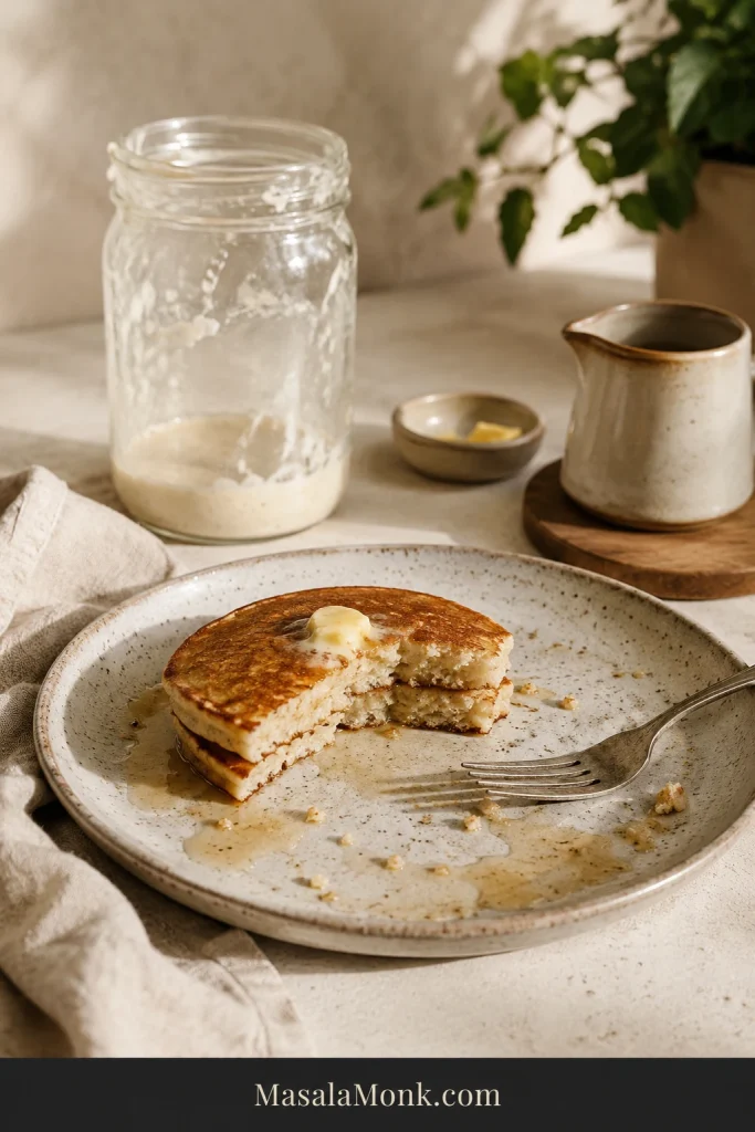 Partially eaten sourdough pancakes on a ceramic plate with a used fork, maple syrup traces, crumbs, and a nearly empty sourdough discard jar in the background.